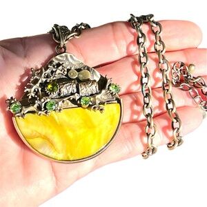 Artistic Yellow MOP with Green Crystal accents Large Pendant Necklace